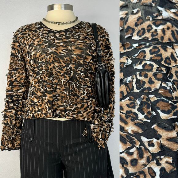 Semi Sheer Leopard Animal Print Mesh Top Shirt Cropped Y2K Style Size XL - Picture 1 of 10